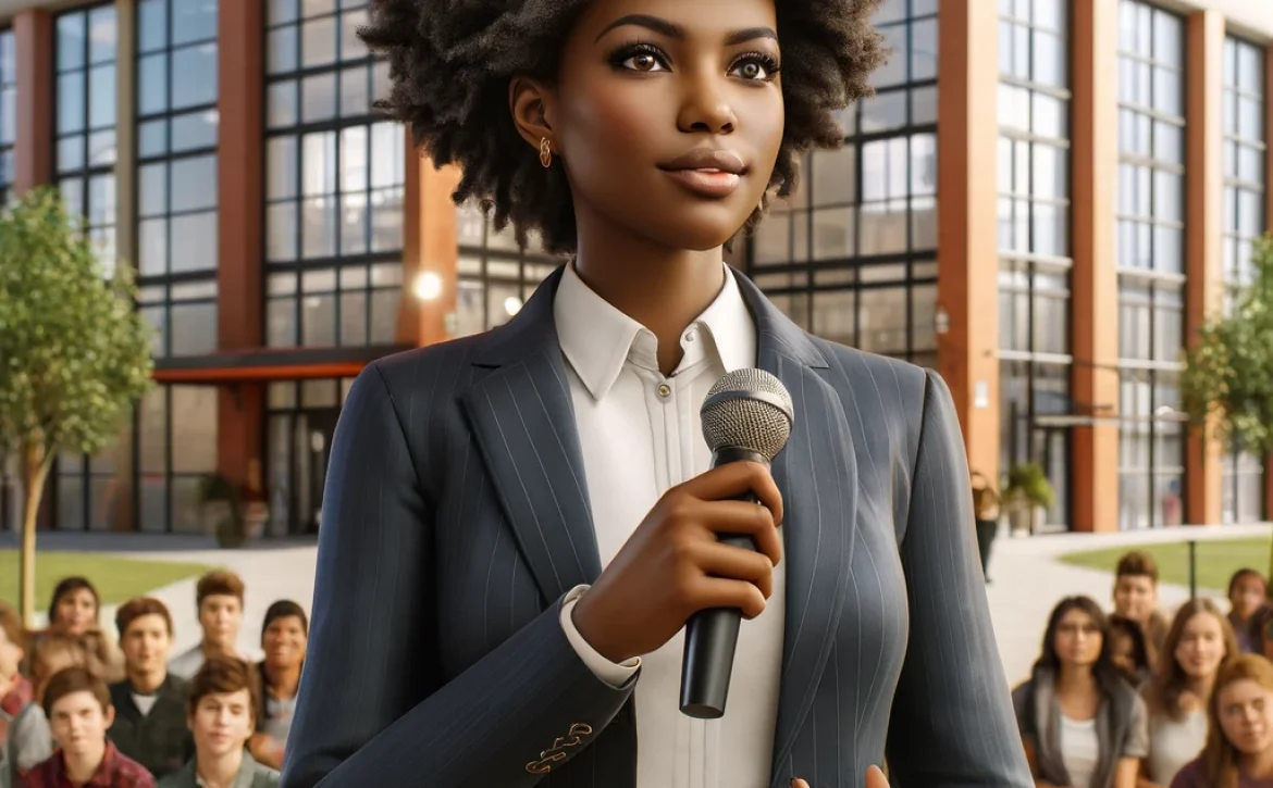 DALL·E 2024-04-19 02.04.26 – A realistic image of a black woman with natural hair, wearing professional attire, holding a microphone and speaking confidently. She is standing in f