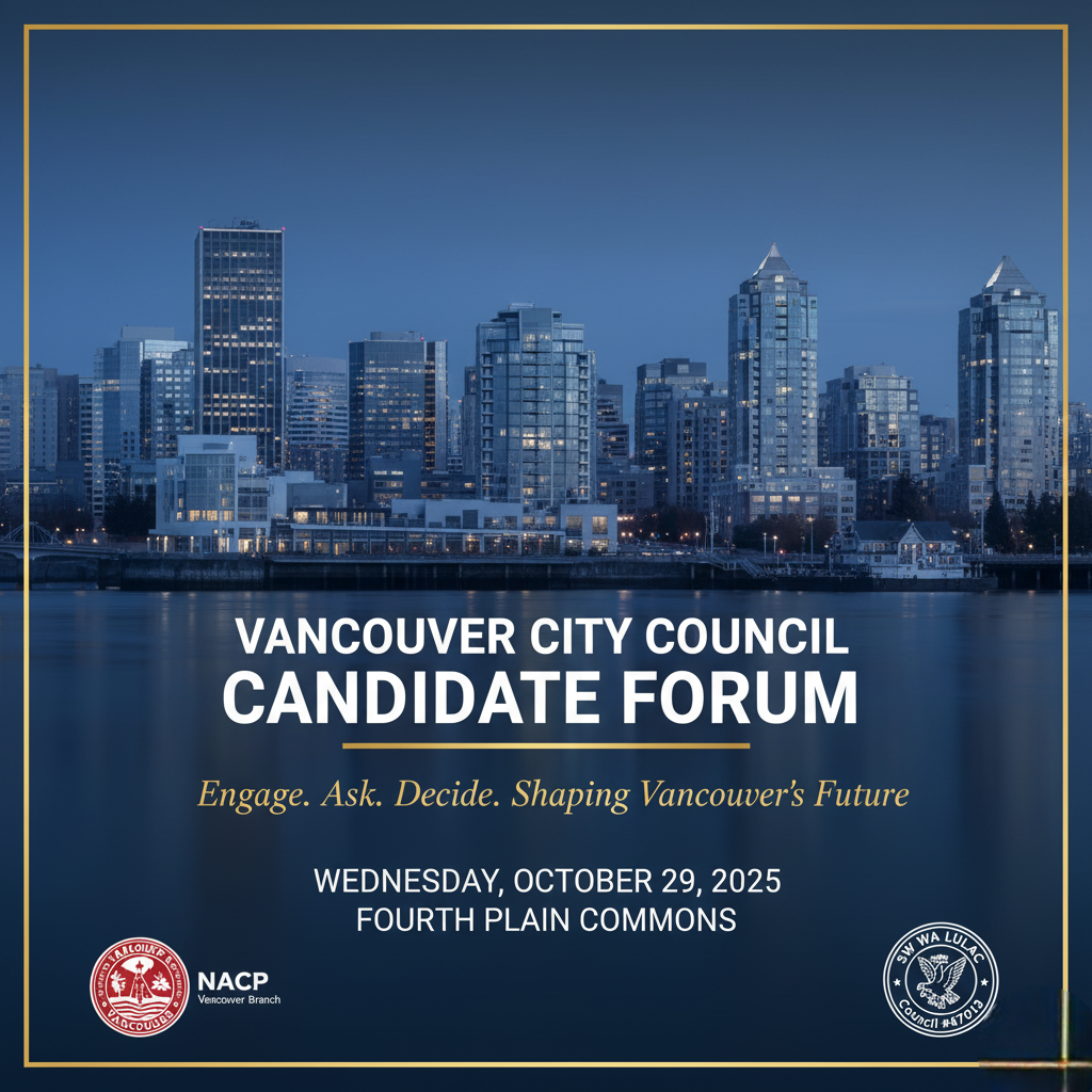 Official graphic for the Vancouver City Council Candidate Forum hosted by the NAACP and LULAC, with event details and the tagline "Engage. Ask. Decide.