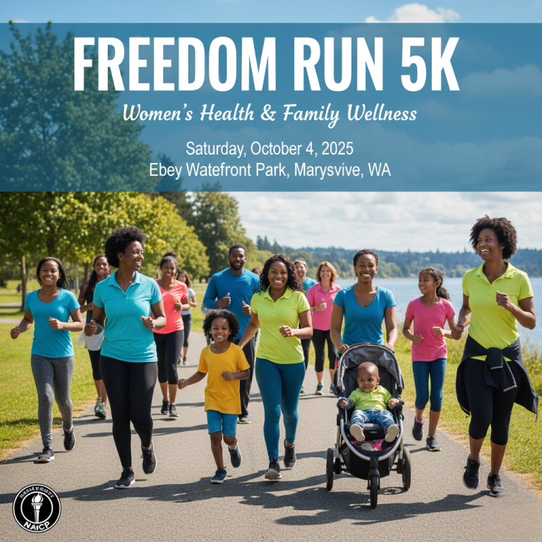 A diverse group of families and individuals of various ethnicities running joyfully in a park for the Freedom Run 5K for Women's Health and Family Wellness.