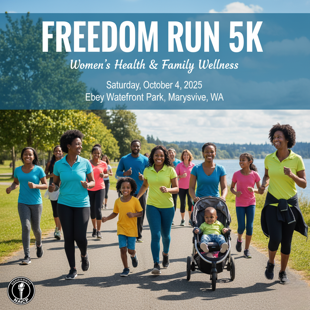 A diverse group of families and individuals of various ethnicities running joyfully in a park for the Freedom Run 5K for Women's Health and Family Wellness.