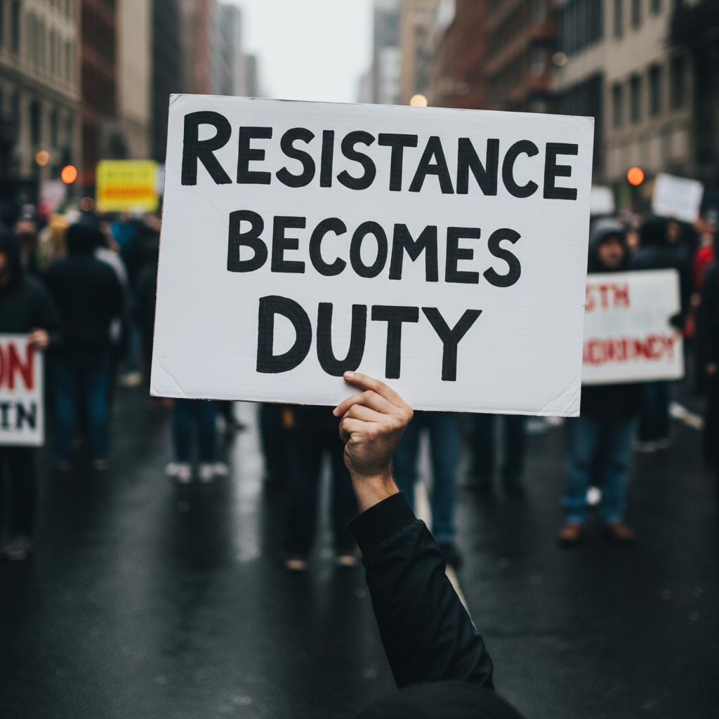 A protestor holds a sign that reads 'Resistance Becomes Duty' during a demonstration against federal overreach.