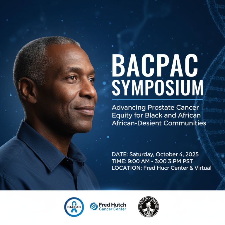 Promotional image for the BACPAC Symposium on prostate cancer equity. Features a photo of a Black man, a DNA helix graphic, and logos for Fred Hutch and the NAACP.