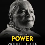 ​Black and white memorial portrait of Viola Ford Fletcher, the oldest survivor of the Tulsa Race Massacre. The image features the NAACP logo and text overlay in white and yellow reading "Rest in Power Viola Fletcher."