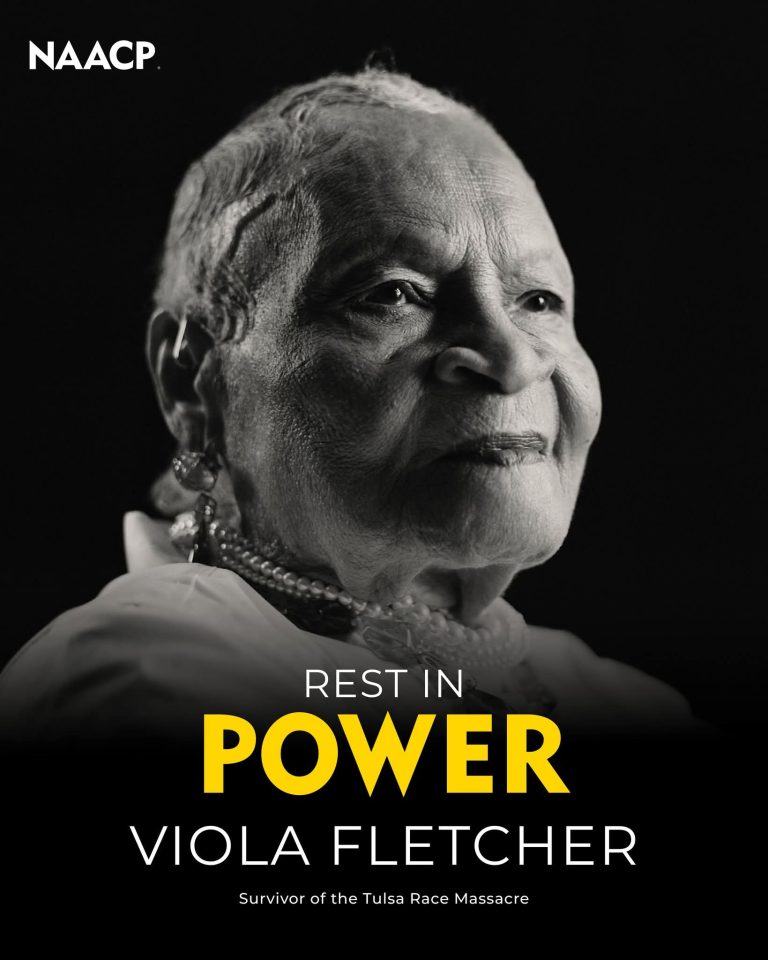 ​Black and white memorial portrait of Viola Ford Fletcher, the oldest survivor of the Tulsa Race Massacre. The image features the NAACP logo and text overlay in white and yellow reading "Rest in Power Viola Fletcher."