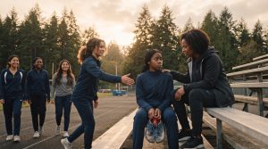 Vote NO on IL26-638 Black student athlete supported by coach and teammates on a Washington track