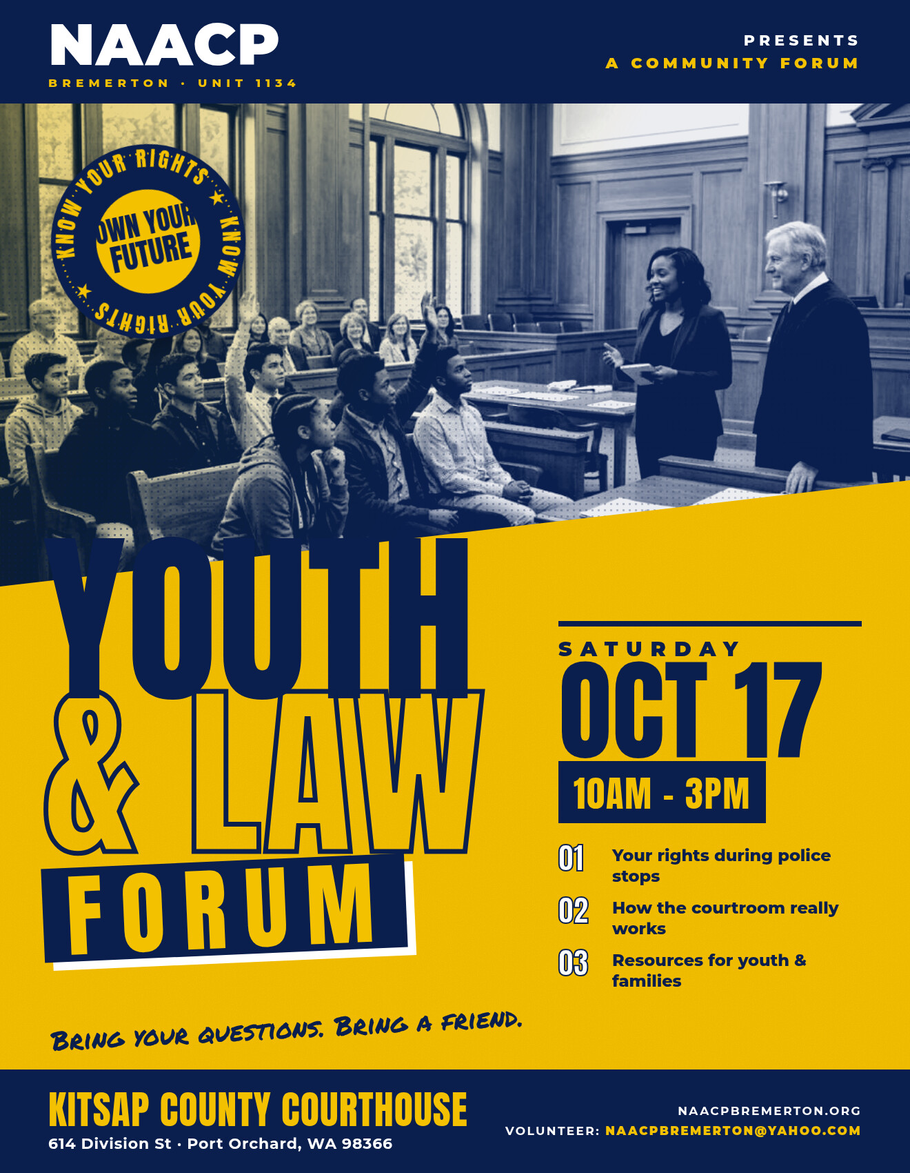 Bremerton Youth and Law Forum flyer, Know Your Rights, October 17, 2026, Kitsap County Courthouse