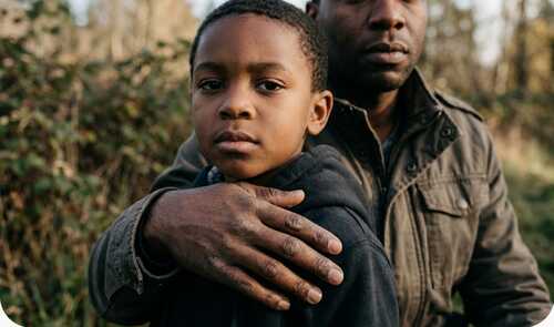 Father embracing his son with a protective and determined expression