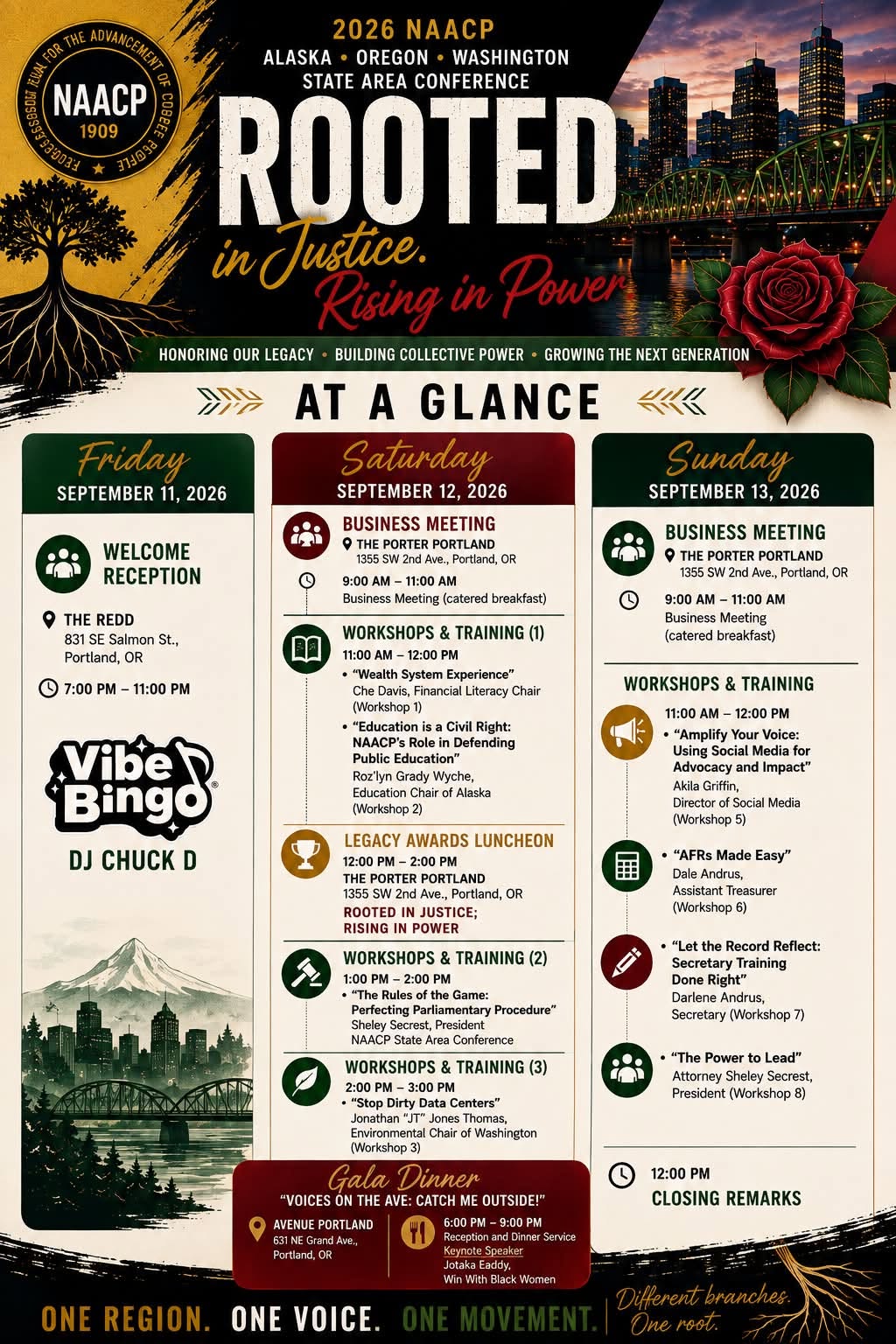 NAACP AOWSAC 2026 State Convention agenda at a glance, Rooted in Justice Rising in Power, Friday September 11 through Sunday September 13, Portland Oregon