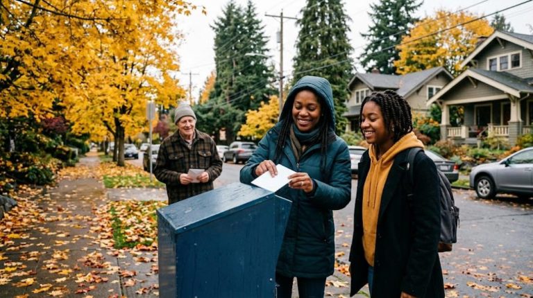Vote by mail 2026, mother and daughter returning a ballot at a drop box in the Pacific Northwest