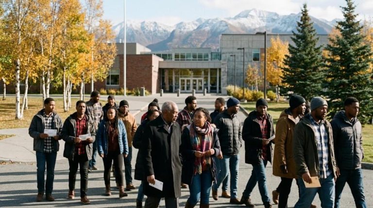 Alaska Senate election voters walking together in Anchorage