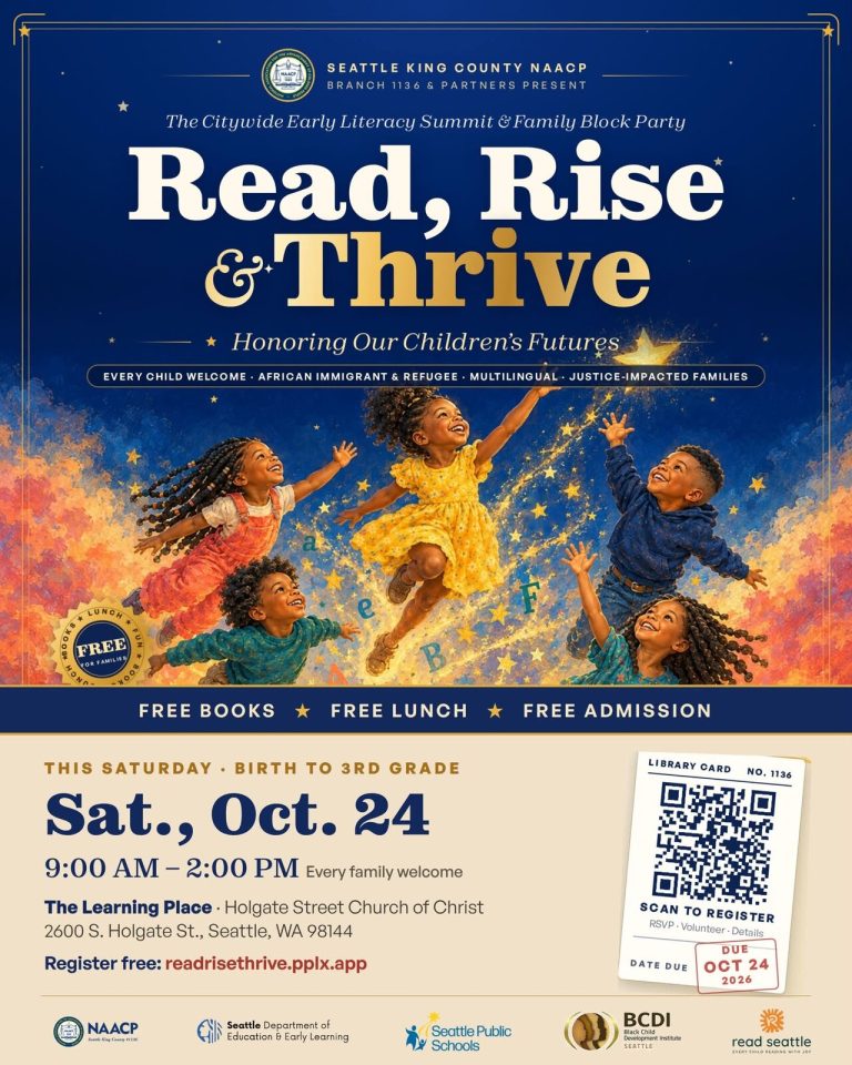 Seattle Early Literacy Summit 2026 flyer for Read, Rise and Thrive, October 2026, Seattle