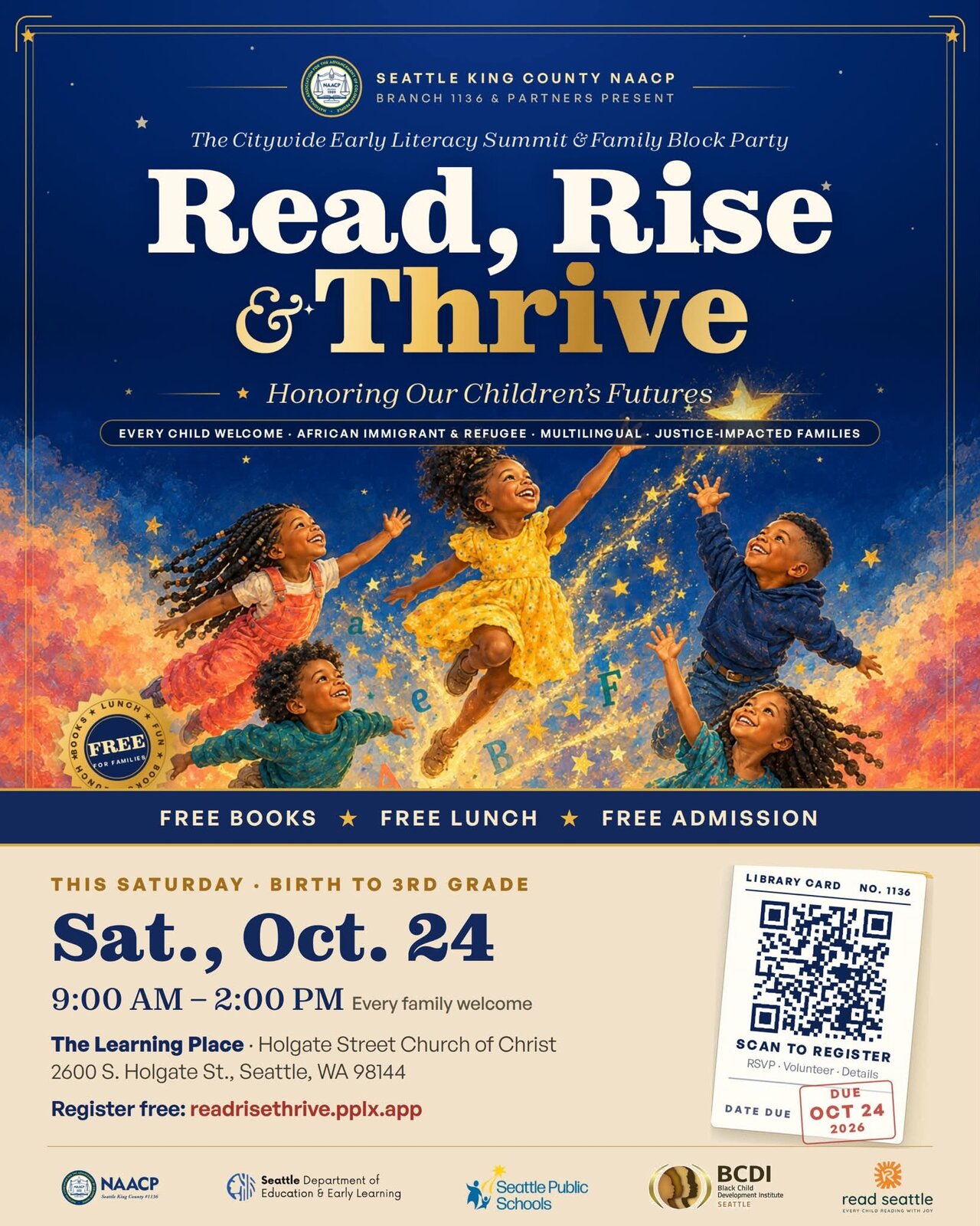 Seattle Early Literacy Summit 2026 flyer for Read, Rise and Thrive, October 2026, Seattle