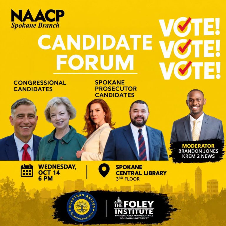 Spokane Candidate Forum 2026 flyer, NAACP Spokane, Wednesday October 14 at Spokane Central Library