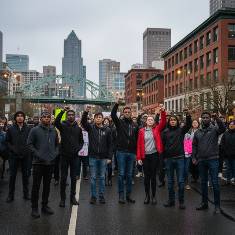 A diverse group of NAACP supporters and protestors stand united with raised fists at a peaceful demonstration in Portland.